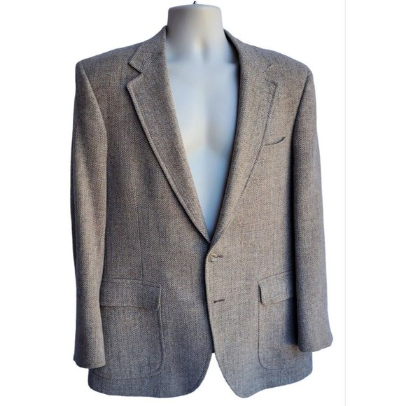 1980's Hastings Tan Herringbone 2 Button Wool Sport Coat Dress Jacket Cosplay L